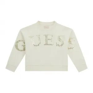 Плътна блуза за мини момиче в бял цвят с надпис Guess от златисти пайети
