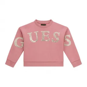 Плътна блуза за мини момиче в розов цвят с надпис Guess от златисти пайети