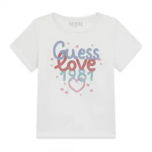 Тениска в бял цвят за мини момиче Guess Love с глитери