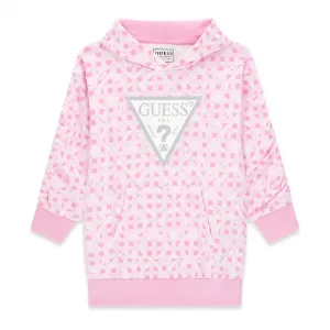 Спортна розова рокля с качулка за мини момиче с детайли и сребристо лого Guess
