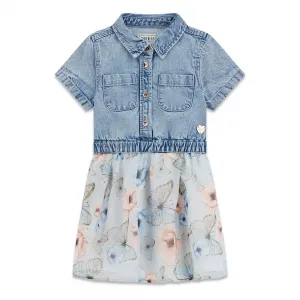 Комбинирана рокля с деним и тюл с пеперуди и цветя за мини момиче Guess