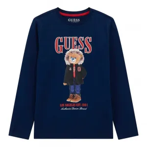Тъмносиня блуза за момче с цветно мече и надпис Guess