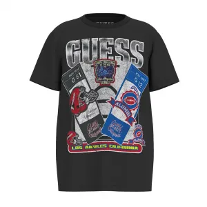 Черна тениска за момче с голяма цветна щампа Американски футбол и надпис Guess