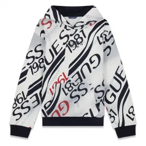 Суичър с качулка в мръсно бял цвят с тъмно сини надписи Guess