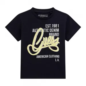 Тъмно синя тениска за мини момче с жълт надпис Guess