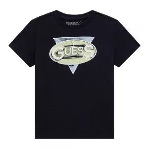 Тениска в тъмно синьо за мини момче с жълто лого Guess