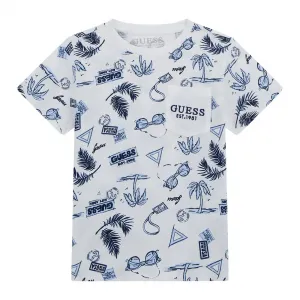 Бяла тениска с палми и детайли в светло синьо за мини момче Guess