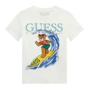 Бяла тениска за мини момче Guess сърф с мече
