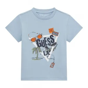 Бледо синя тениска с детайли и бяло лого Guess за мини момче