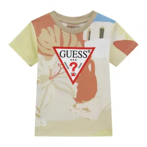 Тениска с къс ръкав Desert за мини момче в бежов цвят и червено лого Guess