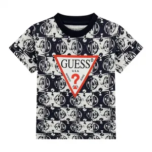 Тениска в тъмно синьо и бяло за мини момче с червено лого Guess