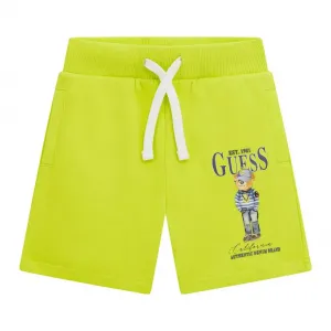 Къси спортни панталони за мини момче в цвят лайм с мече и връзки Guess