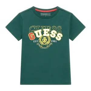 Зелена тениска с къс ръкав за мини момче с цветен надпис Guess