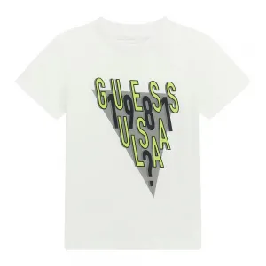 Бяла тениска за мини момче с контрастни надписи Guess