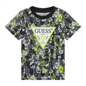 Тениска покрита с щампи в черно и електрикаво зелено за мини момче Guess
