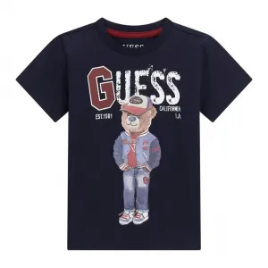Тениска за мини момче с къс ръкав в тъмно син цвят с мече и надпис Guess