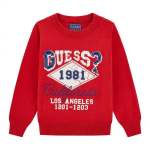 Червен пуловер за мини момче с надписи в бяло и синьо Guess