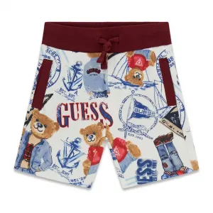 Къси спортни панталони за мини момче с мечета и ластик бордо Guess
