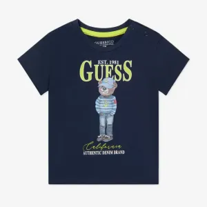 Синя тениска с къс ръкав за мини момче с мече отпред и надписи Guess
