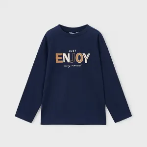Детска памучна блуза Mayoral за момче в тъмносин цвят с надпис ENJOY