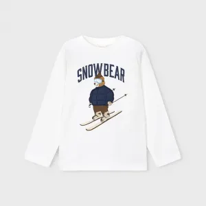 Детска памучна блуза Mayoral за момче в бял цвят с щампа мече скиор Snow Bear