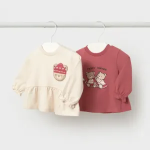Комплект от 2 броя детски памучни блузи Mayoral – Teddy Friends, екрю и пепел от рози