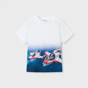 Бяла тениска къс ръкав принт Космически кораби за мини момче Mayoral