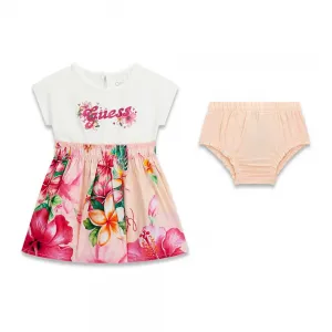 Нежна памучна рокля за бебе момиче с цветя и розов надпис Guess с глитери