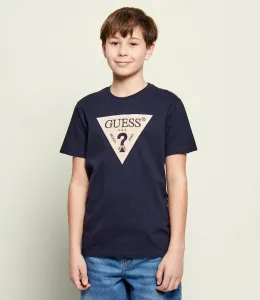 Тъмносиня тениска за момче с бежово лого Guess