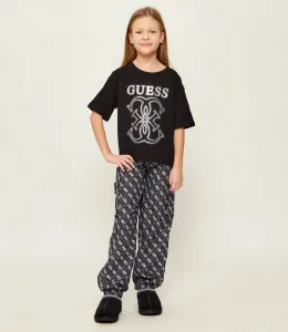 Черен широк карго панталон за момиче покрит с контрастни лога Guess