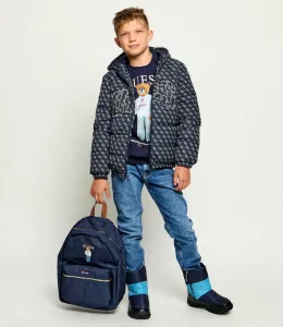 Зимно яке за момче в тъмносиньо с лога Guess и голям бежов надпис