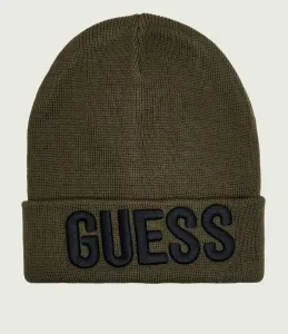 Детска плетена шапка Guess в тъмнозелен цвят с голямо лого отпред