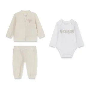 Бебешки кремав плюшен комплект от 3 части с боди Guess
