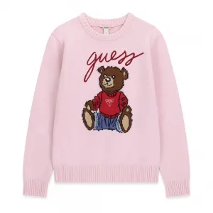 Детски плетен пуловер GUESS с мече и надпис в нежнорозов цвят