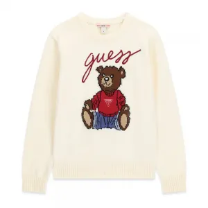 Детски плетен пуловер GUESS с мече и надпис в цвят екрю
