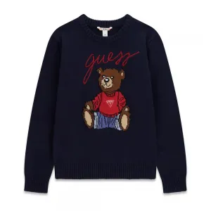 Детски плетен пуловер GUESS с мече и надпис в тъмносин цвят