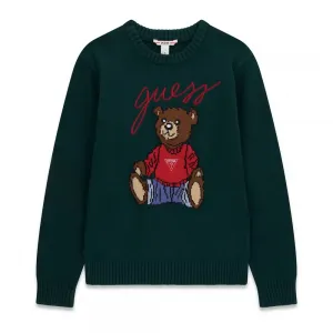 Детски плетен пуловер GUESS с мече и надпис в наситено зелен цвят