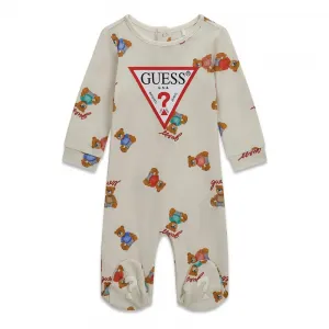Бебешки памучен гащеризон с мечета Guess Bear – Бежов меланж