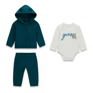 Бебешки памучен комплект от 3 части Guess Bear – Петролено зелен и екрю