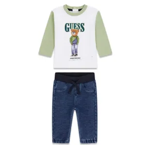 Двуцветна блуза в бяло и зелено с мече и дънки за бебе момче Guess