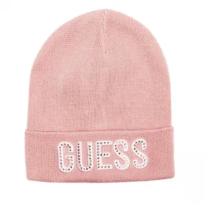 Детска зимна шапка Guess с бляскав надпис от камъни в светлорозов цвят