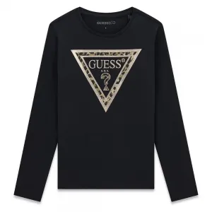 Детска блуза Guess в черно с дълъг ръкав и леопардово триъгълно лого