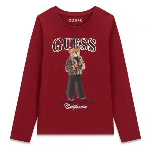 Детска блуза Guess в бордо с дълъг ръкав и мече в леопардово яке