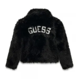 Луксозно детско палто от еко косъм Guess с обемна яка в класически черен цвят