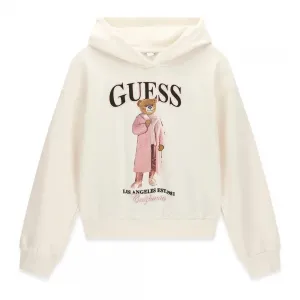 Детски памучен суичър Guess с качулка и мече в цвят екрю