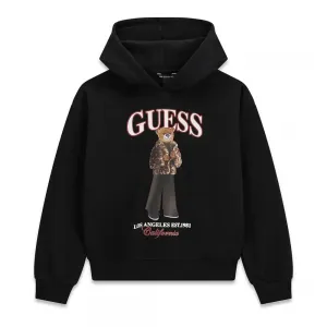 Детски памучен суичър Guess с качулка и принт мече в класически черен цвят