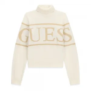 Детски плетен пуловер с висока поло яка Guess в цвят екрю със златно лого
