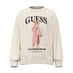 Детски плетен пуловер Guess с мотив мече в цвят екрю