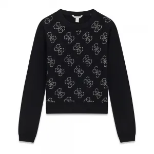 Фино плетена черна блуза с кристални лога Guess