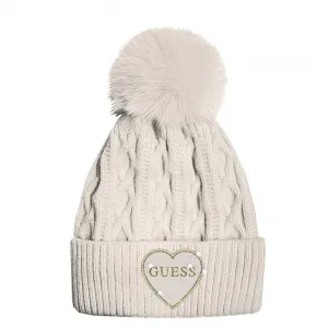 Детска зимна шапка Guess с помпон и бляскаво сърце в цвят екрю